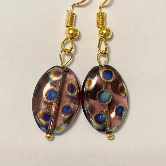 Murano Art Glass Oval Bead Earrings Czech Blue Circles Gold Plated HandMade - Picture 4 of 10
